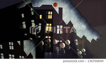 A surreal image of a house silhouette with windows and other fantastical objects. 136700694