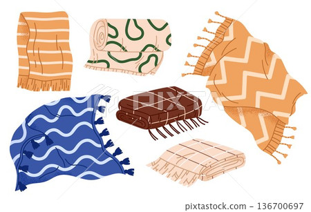 Set of various wool blankets and plaids. Includes rolled, folded, and spread-out plaids with tassels for home interior and picnic. Vector illustration in cartoon style. Isolated white background 136700697