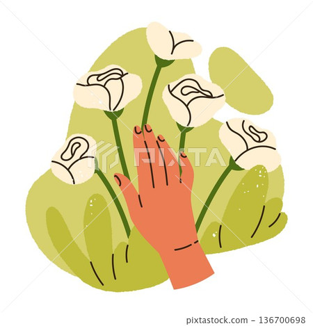 Female hand touching of blooming flowers. Harmony with nature vibe. Cottagecore and whimsical countryside aesthetic. Isolated vector illustration	 136700698