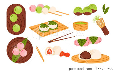 Set of different mochi: sakura, warabi mochi, dango, daifuku. Traditional Japanese sweet dessert. Asian rice cake. Healthy, organic sweets. Isolated vector illustration in cartoon style	 136700699