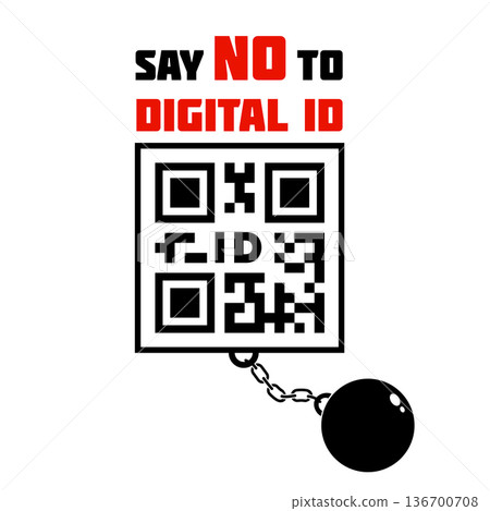 Vector icon of QR code with metal shackles. Say no to digital ID Vector icon of QR code with metal shackles. Say no to digital ID 136700708