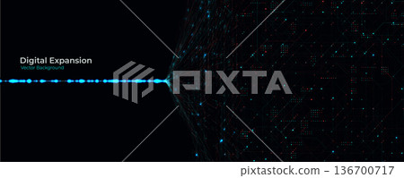 Digital data expansion background with glowing blue line connecting abstract AI network grid, perfect for big data dashboards, tech slides, web headers. Big data networks concept. Vector illustration 136700717