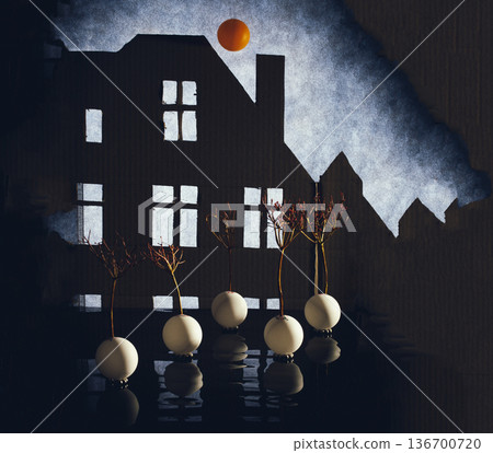 A surreal image of a house silhouette with windows and other fantastical objects. A surreal image of a house silhouette with windows and other fantastical objects. 136700720