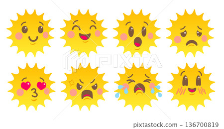 Vector set of sun emoji in cute kawaii flat design style. Vector sun cartoons in flat style. Different moods. Vector set of sun emoji in cute kawaii flat design style. Vector sun cartoons in flat style. Different moods. 136700819