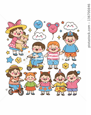 Joyful Cartoon Kids Playing and Having Fun Together 136700846