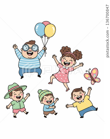 Happy Children Playing Together with Balloons and a Butterfly Happy Children Playing Together with Balloons and a Butterfly 136700847