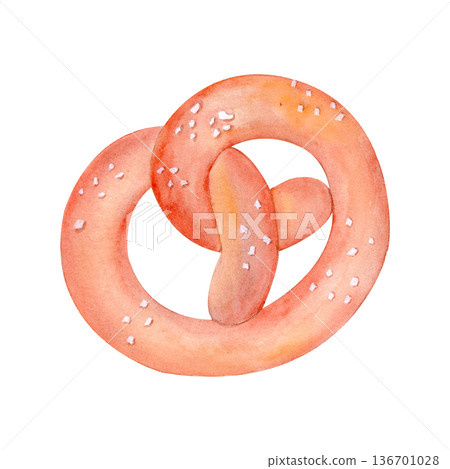 Soft baked pretzel with salt crystals, hand-painted watercolor illustration isolated on white. Traditional bakery snack perfect for cafe menus, Oktoberfest design, food packaging and branding projects 136701028