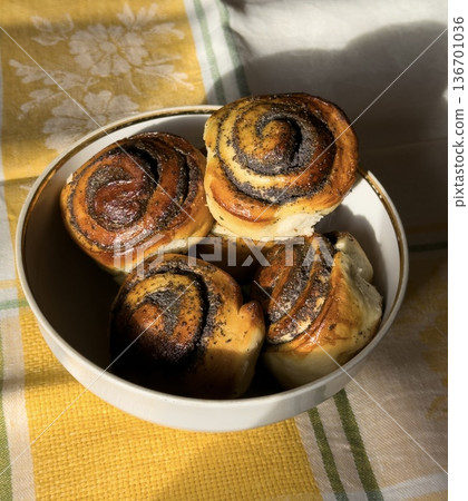 Homemade poppy seed buns 136701036