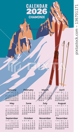 Monthly 2026 Calendar Vintage Travel poster Ski Chamonix resort. France winter landscape travel card Monthly 2026 Calendar Vintage Travel poster Ski Chamonix resort. France winter landscape travel card 136701171