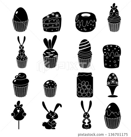 Easter icon set. Black shape sweet bakery food pictograms 136701175