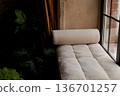 A cozy window sill in the winter garden with a pillow roller, a classic palace interior. Palm trees and greenery 136701257
