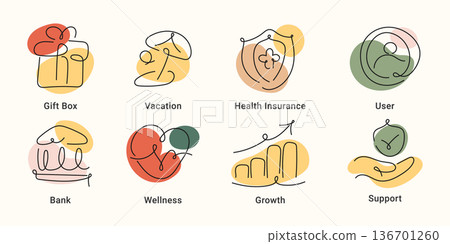 Benefit line art icon set with gift box, vacation, health insurance, wellness, growth and support. One line drawing vector illustration for employee benefits and perks concepts. Benefit line art icon set with gift box, vacation, health insurance, wellness, growth and support. One line drawing vector illustration for employee benefits and perks concepts. 136701260