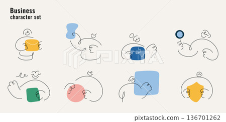 Business character set with doodle line art people working, collaborating and solving puzzles. One line drawing vector illustration for teamwork and business concepts colorful. Business character set with doodle line art people working, collaborating and solving puzzles. One line drawing vector illustration for teamwork and business concepts colorful. 136701262