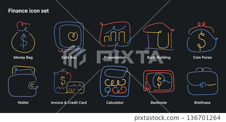 Finance line art icon set with money bag, safe box, bank, wallet, credit card, calculator and financial symbols. One line drawing vector illustration collection colorful gradient. Finance line art icon set with money bag, safe box, bank, wallet, credit card, calculator and financial symbols. One line drawing vector illustration collection colorful gradient. 136701264