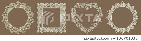 Hand drawn vintage whimsical lace frames and doilies decorations with floral ornament details. Crochet, whimsy decorative circular, square and heart borders in retro style. Vector illustration. 136701333