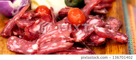 Sliced salami and cheese platter banner 136701402