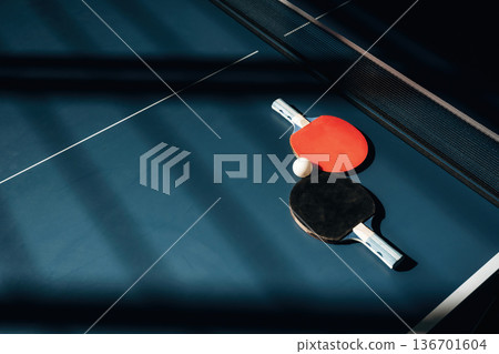 Ready to be played. Two rackets and ball on the tennis table Ready to be played. Two rackets and ball on the tennis table 136701604