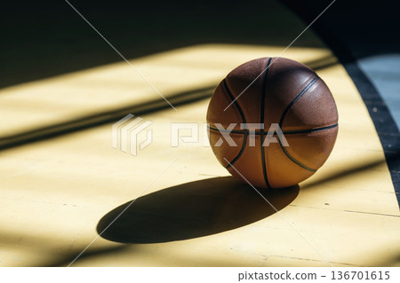 Close up view of basketball ball that is on the ground indoors under sunlight Close up view of basketball ball that is on the ground indoors under sunlight 136701615