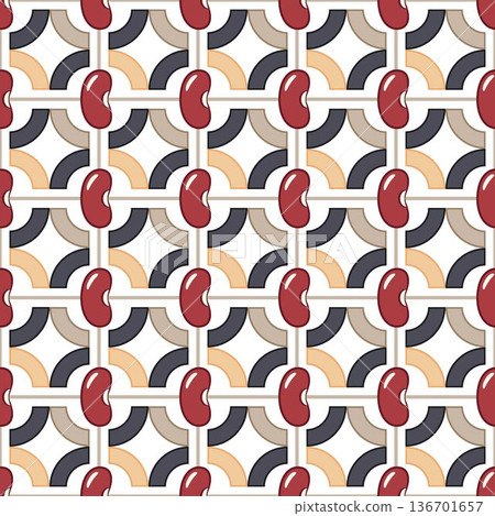 Seamless geometric pattern of red kidney beans on square grid. Minimalist vector icons, abstract elements, flat design on transparent background. Suitable for food packaging, organic labels, branding Seamless geometric pattern of red kidney beans on square grid. Minimalist vector icons, abstract elements, flat design on transparent background. Suitable for food packaging, organic labels, branding 136701657