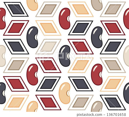 Seamless repeating pattern of minimalist flat kidney beans icons with colorful rhombuses alternating between them. Clean design on transparent background. For food packaging, product branding Seamless repeating pattern of minimalist flat kidney beans icons with colorful rhombuses alternating between them. Clean design on transparent background. For food packaging, product branding 136701658