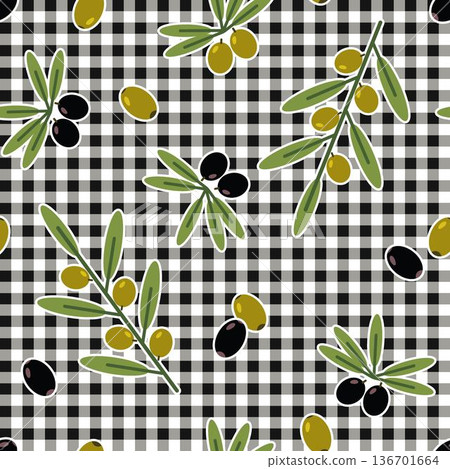 Seamless pattern with scattered olive berry on checkered gingham background. Randomly scattered fruits, olive branch. Flat style. Suitable for food packaging, kitchen textiles, rustic branding 136701664