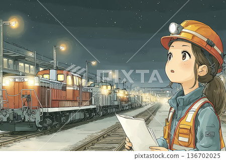 Female railway staff checking safety at freight yard at night. Train inspection in helmet (logistics base, infrastructure maintenance, working) 136702025