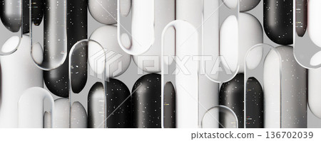 Vertical striped pattern of liquid glass and plastic 3D shapes. Abstract line background with transparent rectangles, black gray ovals, circles, rounded design and white dots texture. 3D illustration 136702039