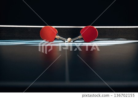 Horizontal photo. Two rackets and ball on the tennis table 136702155