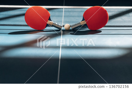 Ready to be played. Two rackets and ball on the tennis table Ready to be played. Two rackets and ball on the tennis table 136702156