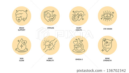 Nutrient Supplement, and Health Care Icon Set. 10 Minimalist Thin Line Icons for Brain, Immune, Heart, Vision, Skin, and Bone Support in a Vector Illustration 136702342