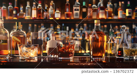 Different bitters and liqueurs on table in bar background - Ai Generated 136702372
