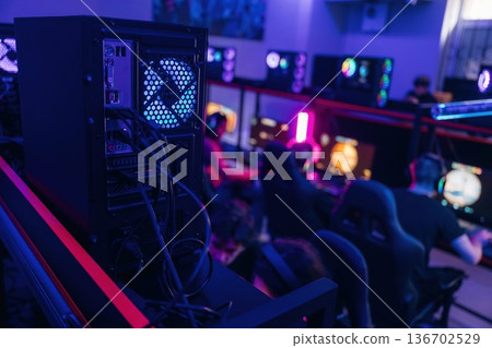 Shooter game. People are playing video game by computers Shooter game. People are playing video game by computers 136702529