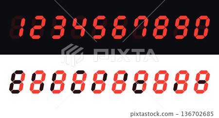Red LED-style digital numbers (7-segment) background material, luminous Red LED-style digital numbers (7-segment) background material, luminous 136702685