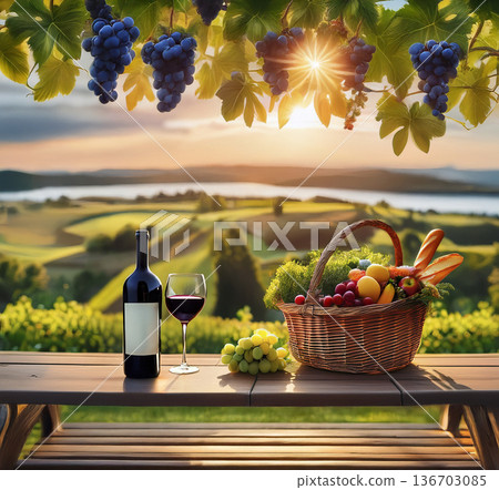 Painting of country produce on a table with a view over beautiful countryside in the late afternoon sunlight Painting of country produce on a table with a view over beautiful countryside in the late afternoon sunlight 136703085