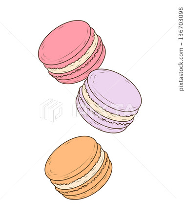 Three colorful macarons are shown in a clean hand drawn flat vector style. This sweet French dessert object is ideal for bakery branding, cafe menus, packaging, web graphics and print design. Three colorful macarons are shown in a clean hand drawn flat vector style. This sweet French dessert object is ideal for bakery branding, cafe menus, packaging, web graphics and print design. 136703098