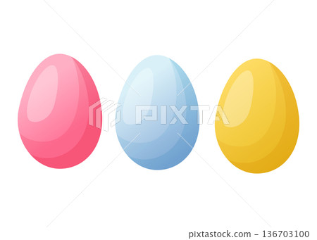 Three glossy Easter eggs in pink, blue and yellow. Smooth gradient vector in clean flat style. Decorative holiday objects. Suitable for Easter cards, branding, packaging, posters and web design. Three glossy Easter eggs in pink, blue and yellow. Smooth gradient vector in clean flat style. Decorative holiday objects. Suitable for Easter cards, branding, packaging, posters and web design. 136703100