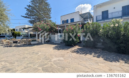 Open terrace restaurant on the street with plants with white and pink flowers Open terrace restaurant on the street with plants with white and pink flowers 136703162
