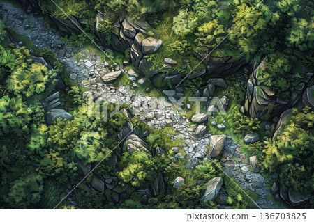 Forest with rocks and trees. Green plants cover rugged terrain, perfect for game maps. Ideal for nature and adventure art. 136703825