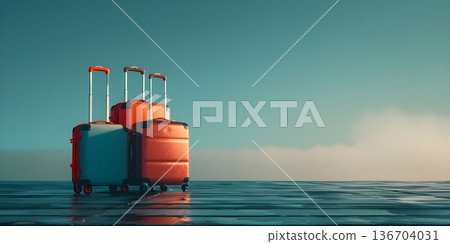 Pile of Luggage with space for text travel background - Ai Generated Pile of Luggage with space for text travel background - Ai Generated 136704031