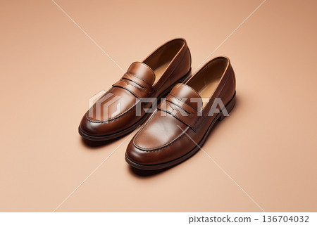 Pair of brown leather loafers on smooth, plain background. Classic design with slight shine. Soft leather and neatly stitching. Shoes for casual or semiformal occasions. Decorative for design Pair of brown leather loafers on smooth, plain background. Classic design with slight shine. Soft leather and neatly stitching. Shoes for casual or semiformal occasions. Decorative for design 136704032