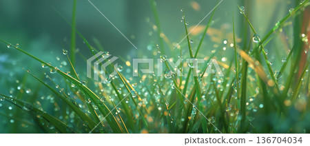 Grass with rain drops. Watering lawn. Rain. Blurred Grass Background With Water Drops closeup Grass with rain drops. Watering lawn. Rain. Blurred Grass Background With Water Drops closeup 136704034