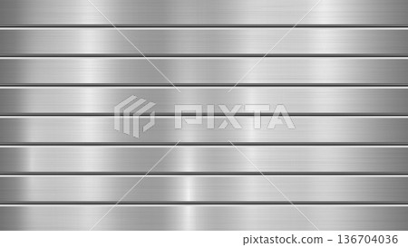 Brushed metal technology background with polished chrome texture, silver, steel, aluminum and horizontal stripes with bevels for design concepts, web, prints, wallpapers. Vector illustration 136704036