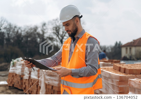 Holding notepad with documents. Construction worker is at job with bricks outdoors Holding notepad with documents. Construction worker is at job with bricks outdoors 136704052