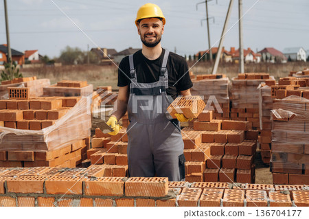 Bunch of bricks. Construction worker is at job outdoors Bunch of bricks. Construction worker is at job outdoors 136704177