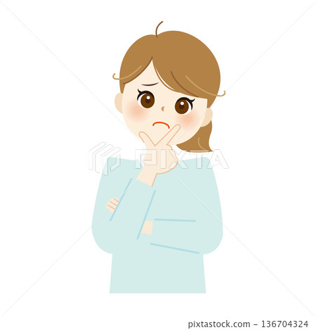 Illustration of a worried woman with her hand on her chin - troubled face, anxiety, thought 03 Illustration of a worried woman with her hand on her chin - troubled face, anxiety, thought 03 136704324