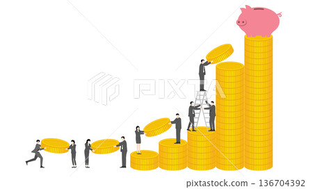 Using ladder to build wealth with growing gold coin stacks for systematic financial success and investment 136704392
