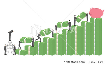 Business leader with megaphone directing team to build financial growth and wealth success with piggy bank 136704393