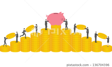 Corporate teamwork for financial success and cumulative profit by saving gold coins in piggy bank Corporate teamwork for financial success and cumulative profit by saving gold coins in piggy bank 136704396