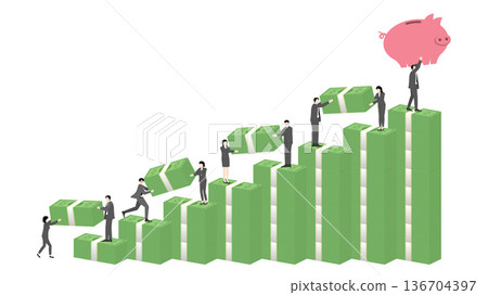 Business team success with financial growth chart stacking banknotes to reach piggy bank goal Business team success with financial growth chart stacking banknotes to reach piggy bank goal 136704397