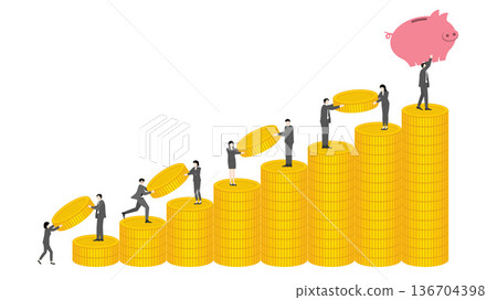 Corporate team building wealth with growing gold coin stacks chart towards financial saving goal 136704398
